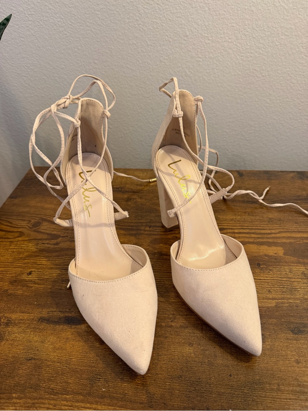 Lulu's Blush Lace-Up Pointed Toe Block Heels